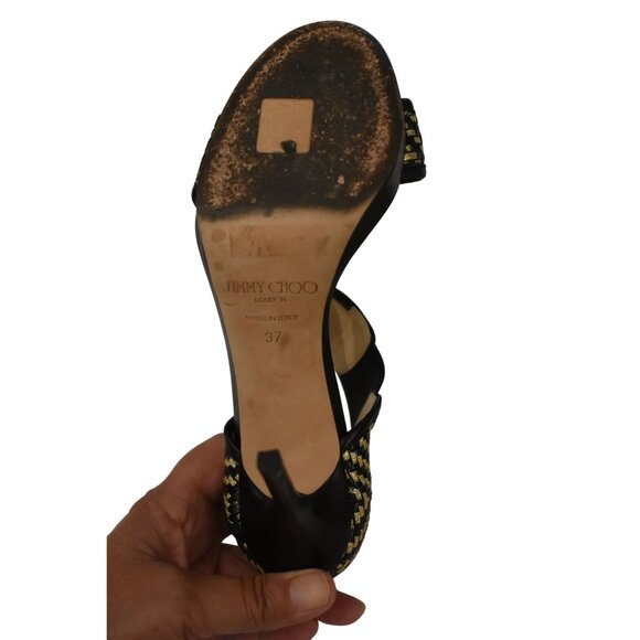 Women's Jimmy Choo Leather Black and Gold Ankle Strap Stiletto Size 37/7 - Picture 7 of 10